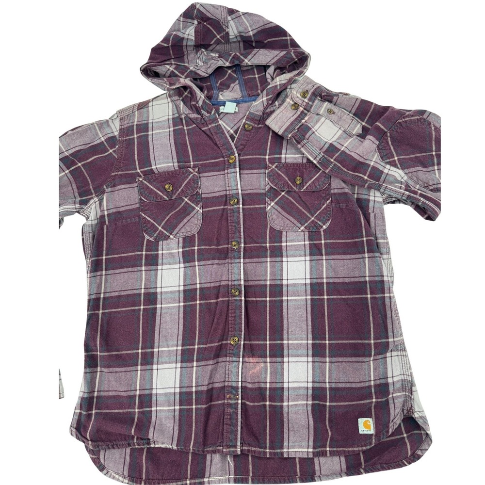 Carhartt Womens Hooded Shirt Flannel Jacket Size L 12 14 Burgundy Lightweight